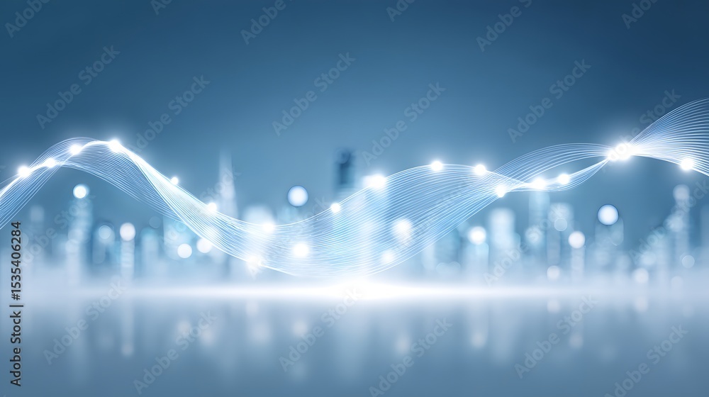 Poster abstract digital waveforms in blue tones over a blurred cityscape, symbolizing data flow and modern 