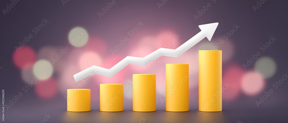 Poster a colorful bar chart with five yellow bars showing growth, topped by a white upward arrow against a 