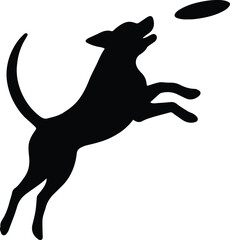 Silhouette dog jumping catching frisbee disc black vector illustration