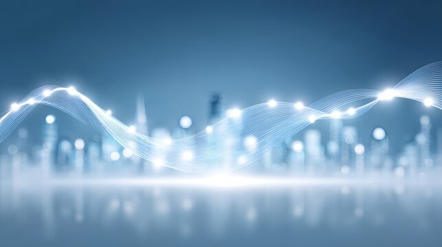 Abstract digital waveforms in blue tones over a blurred cityscape, symbolizing data flow and modern technology.