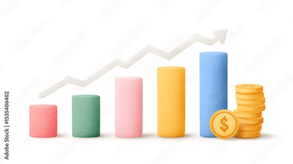 Poster a colorful 3d bar chart with five bars of increasing height and a rising arrow above, accompanied by