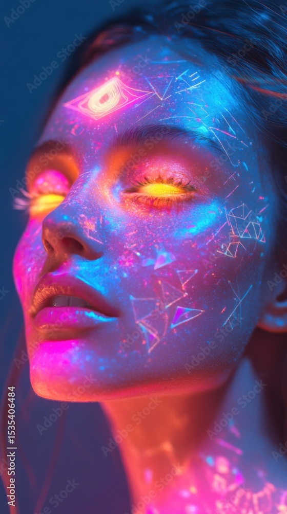 Poster a vivid, neon-inspired portrait showcasing mystical patterns and illuminated features with an otherw