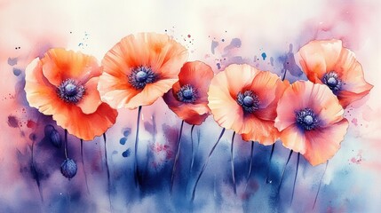 A delicate watercolor painting of vibrant orange poppies with soft purple and blue accents on a light background.