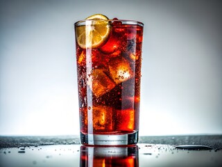 Refreshing red fizzy drink with ice cubes and lemon slice in a tall glass on wet reflective surface