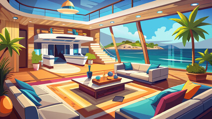 Luxury Yacht Interior: Coastal View from a Modern Living Space .Very beautiful