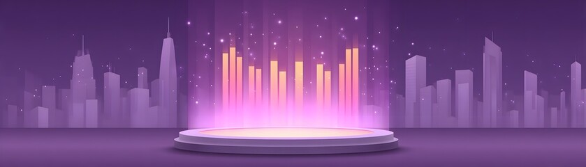Fototapeta premium Futuristic purple cityscape with glowing vertical light bars rising from a circular platform, creating a vibrant, high-tech urban atmosphere.