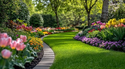 Obraz premium A vibrant garden pathway bordered by colorful tulips and lush greenery under bright sunlight.