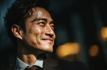 Smiling man enjoying the sun in a modern urban setting during the late afternoon