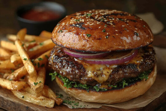 Hamburger with fries.