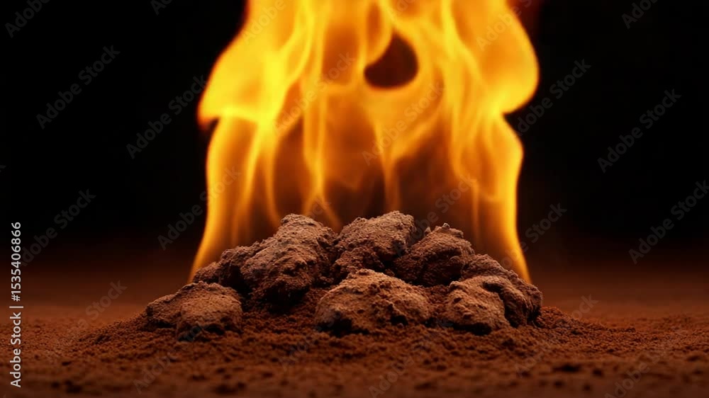 Poster dynamic flame erupting from pile of ashes and rocks in dark surroundings ideal for creative projects
