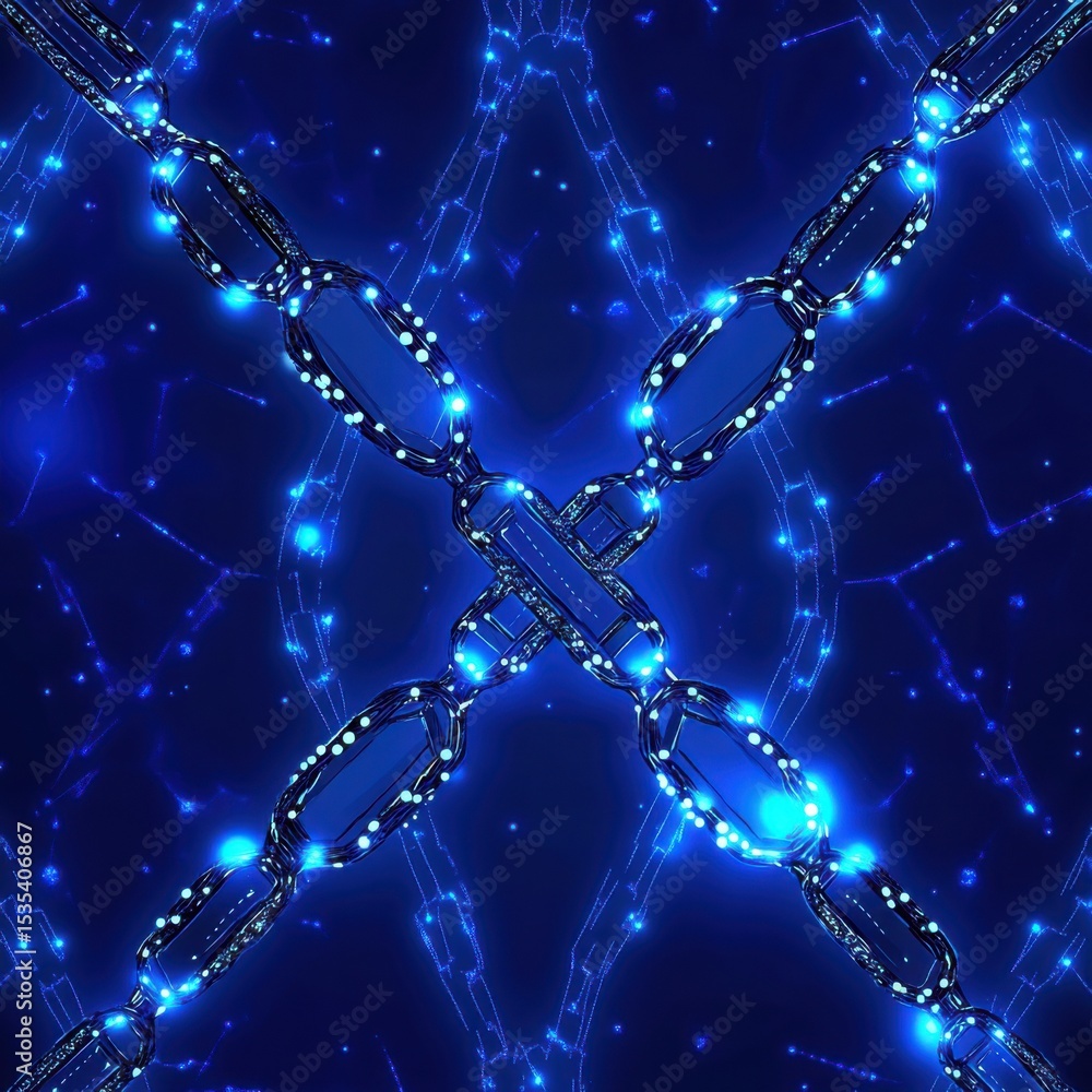 Poster a vivid depiction of intricate blue chains forming a complex network, representing connectivity and 