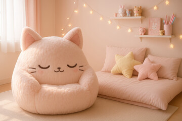 Kawaii cat beanbag chair in pastel pink bedroom with plush pillows and star lights