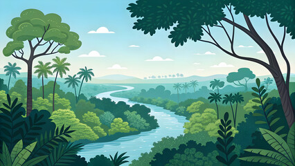 Obraz premium “Landscape Nature Forest Illustration | Scenic Mountain View, Green Trees, Outdoor Wilderness Vector Design”
