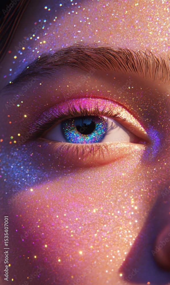 Poster a close-up view of a mesmerizing eye adorned with glittery sparkles, radiating colorful hues and mag