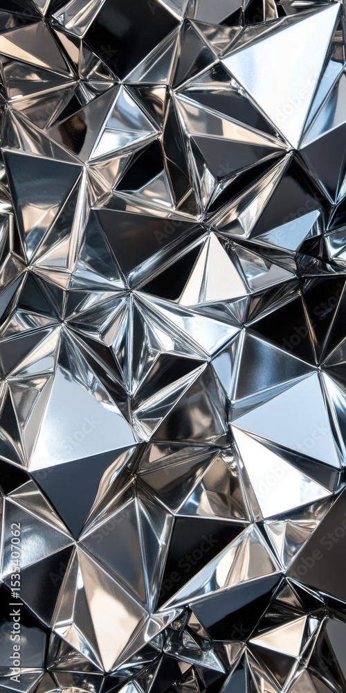 Poster intricate arrangement of reflective metallic geometric shapes creating a dynamic and modern aestheti