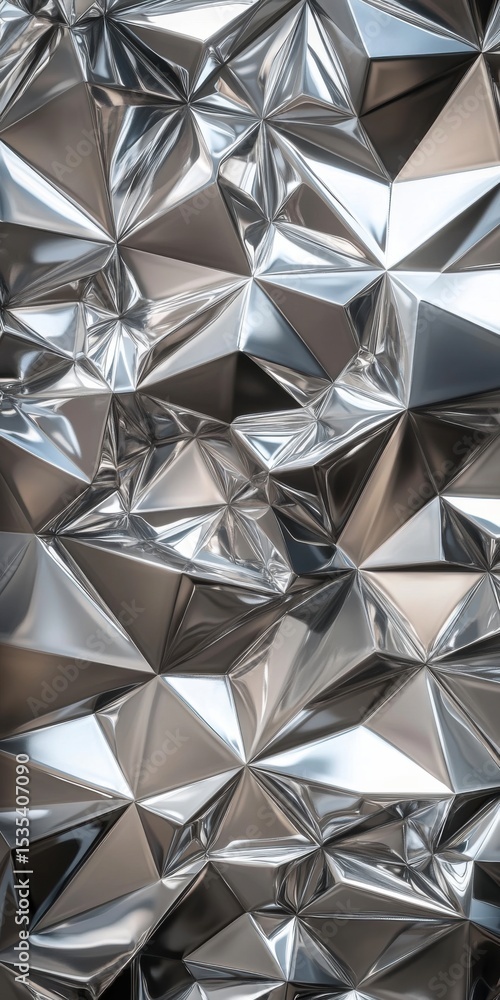 Poster a textured surface of geometric metallic shapes with reflective properties, creating depth and compl