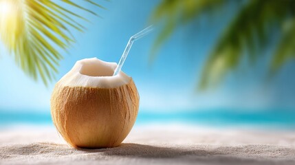 Obraz premium Fresh coconut drink on a tropical beach.