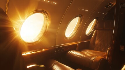 Sunlight streams through the large windows of a business jet, bathing the leather seats and wooden panels in a rich, golden light, enhancing the feeling of luxury.