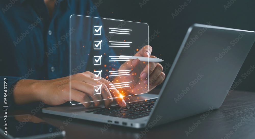 Poster a person using a laptop with a digital checklist overlay and a pen in hand against a dark background