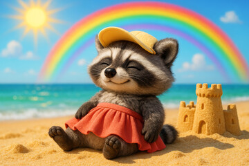 Raccoon Relaxing on the Beach with Rainbow and Sandcastle in Summer Sun