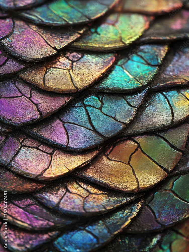 Poster a close-up view of iridescent scales displaying a rich palette of colors and intricate patterns in a