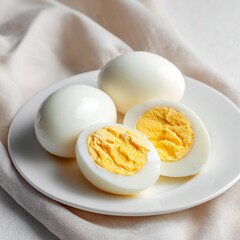 Boiled eggs served on a white plate with fresh linen backdrop and natural light creating a soft ambiance