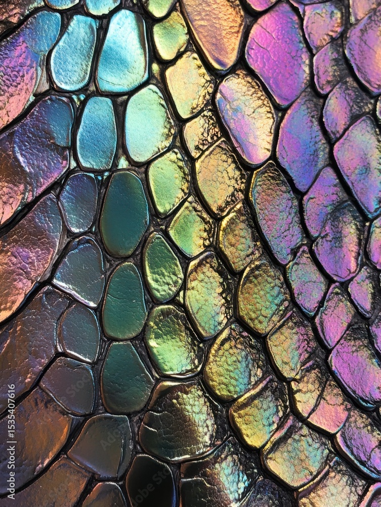 Poster a vibrant close-up of iridescent scales showcasing a multicolored spectrum resembling a fascinating 