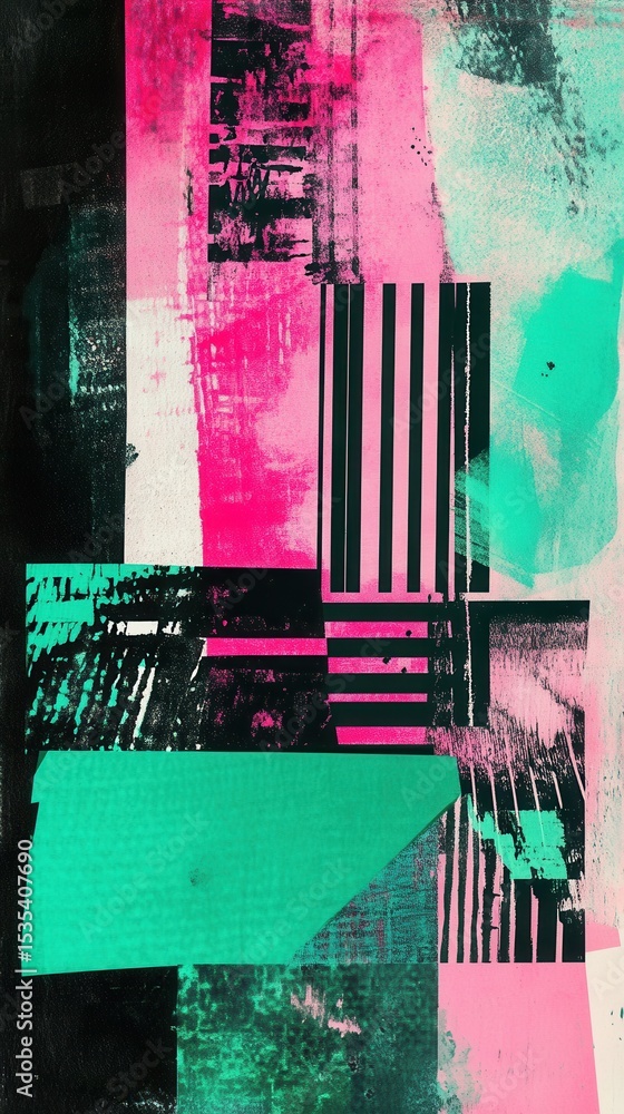 Poster a vibrant abstract composition featuring bold colors and geometric shapes with dynamic patterns refl