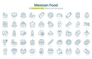 Mexican Food line icon pack. Mexican Food Stroke icon set. Editable Stroke icon