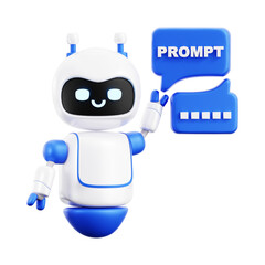 3d rendered cartoon robot character indicating prompt for artificial intelligence communication concept