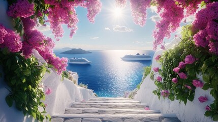 Fototapeta premium White steps leading to a breathtaking view of the ocean and islands, adorned with vibrant pink flowers.
