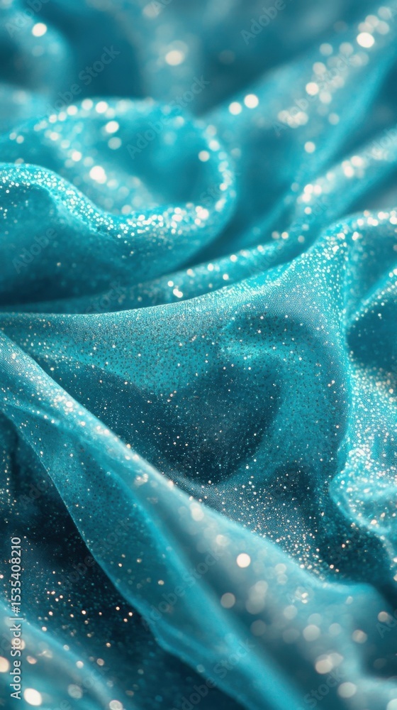 Poster a close-up view of shimmering turquoise fabric showcasing intricate folds and glistening textures, c