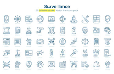 Surveillance line icon pack. Surveillance Stroke icon set. Editable Stroke icon