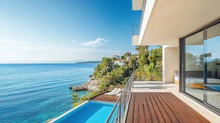 Modern seaside hotel rooms offer a seamless blend of luxury and serenity, with large balconies providing mesmerizing sea views.