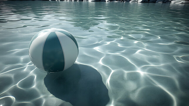 Serene teal beach ball floats gently on calm turquoise water, sunlight reflecting on surface. Summer vacation vibes.