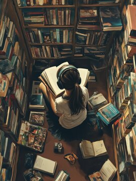 A Young Reader Immersed in a Book Surrounded by Shelves Filled with Various Literature, Creating a Cozy and Enchanting Literary Atmosphere
