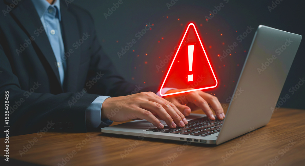 Poster man typing on laptop with red warning sign overlayed indicating error or security alert on the scree