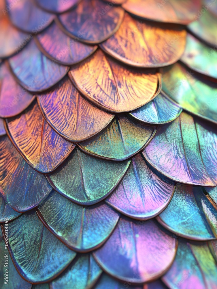 Poster a close-up view of iridescent scales with vibrant colors displaying an array of shimmering hues and 