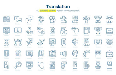 Translation line icon pack. Translation Stroke icon set. Editable Stroke icon