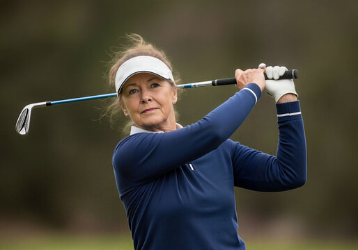 Senior woman in blue golf attire swinging club on course
