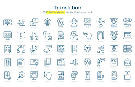 Translation line icon pack. Translation Stroke icon set. Editable Stroke icon