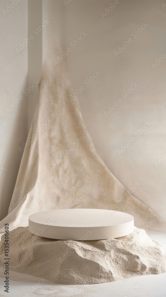 Poster serene and minimalistic display featuring a circular platform on a textured natural base surrounded 