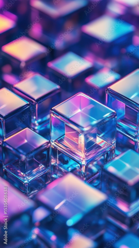 Poster a stunning array of colorful glass cubes reflecting light, creating a vibrant and artistic display o