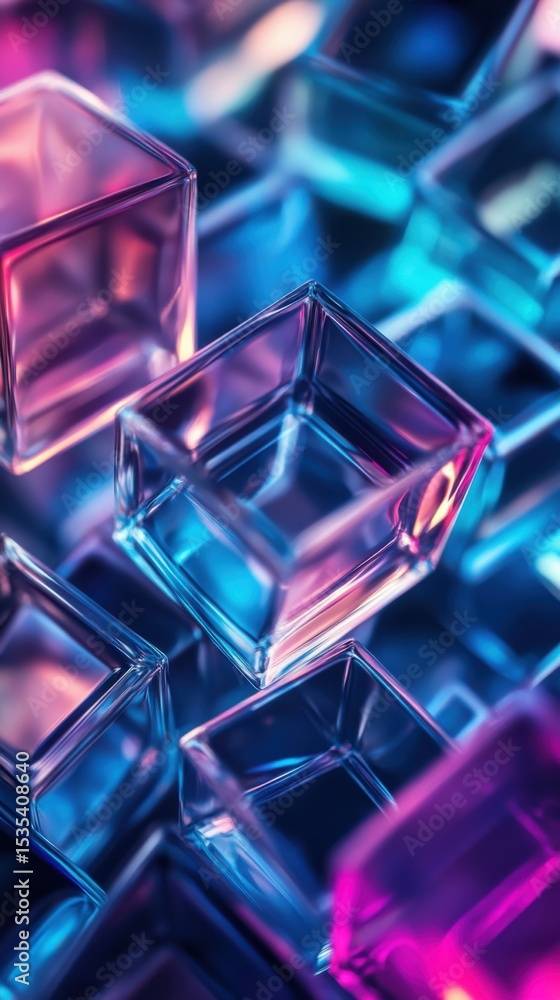 Poster an abstract composition of colorful glass cubes reflecting light in vibrant hues, showcasing depth a