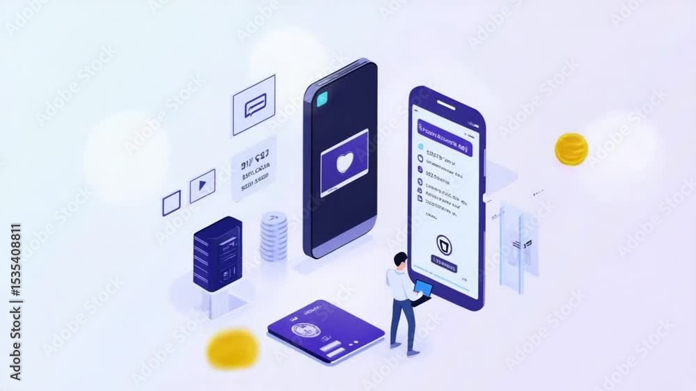 Poster isometric illustration of app development and server infrastructure management design