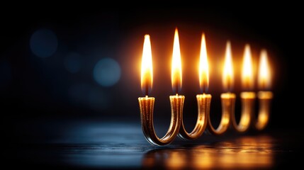 Fototapeta premium Hanukkah menorah with burning candles in a dark setting.