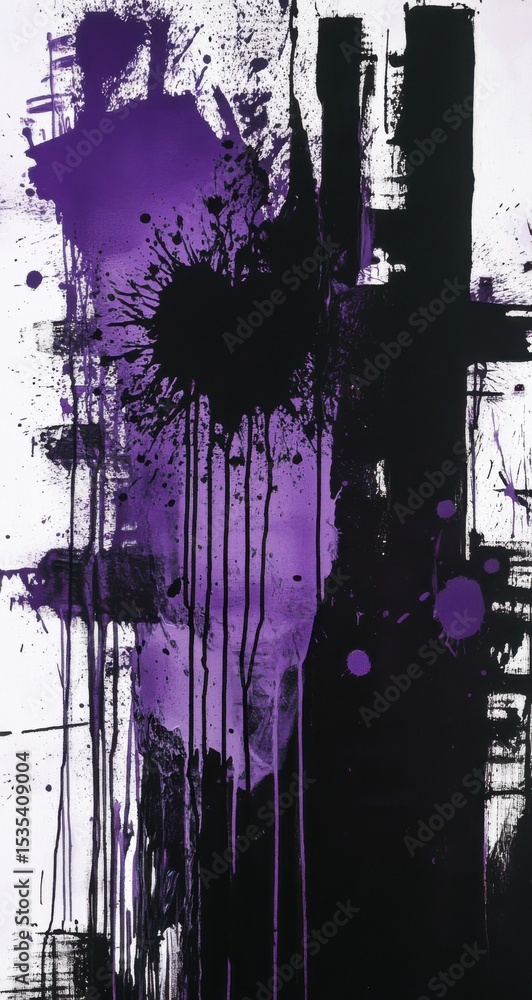 Aufkleber a striking abstract canvas featuring bold splashes of purple and black paint creating dynamic textur
