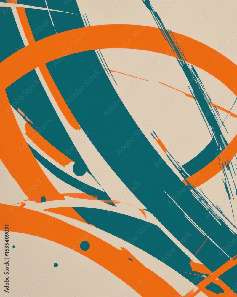 Poster dynamic abstract composition featuring bold angular brushstrokes in vibrant orange and teal on a neu