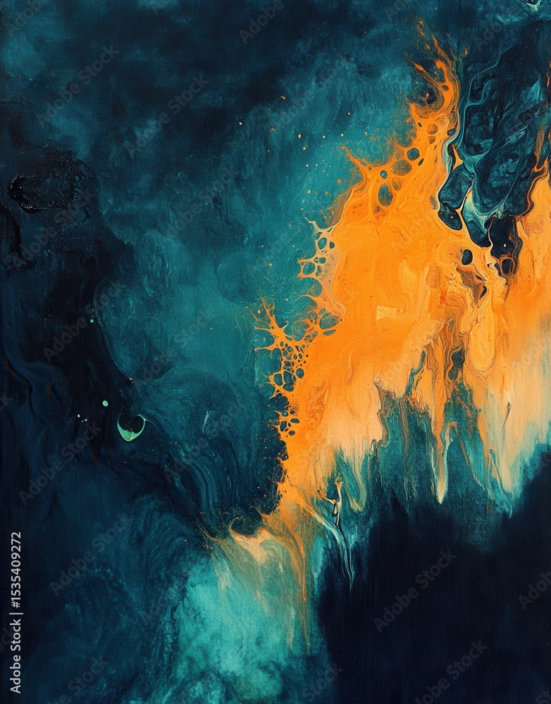 Poster an abstract expression of turquoise and orange interplay, capturing fluid dynamics and vibrant color