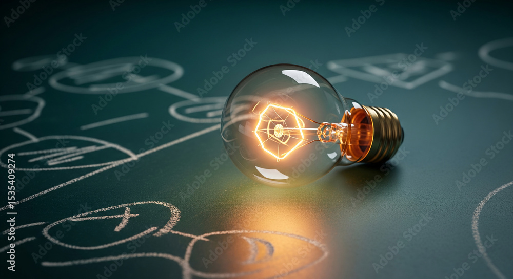 Aufkleber glowing lightbulb on dark surface with chalk diagram, showcasing idea generation, innovation, and pr